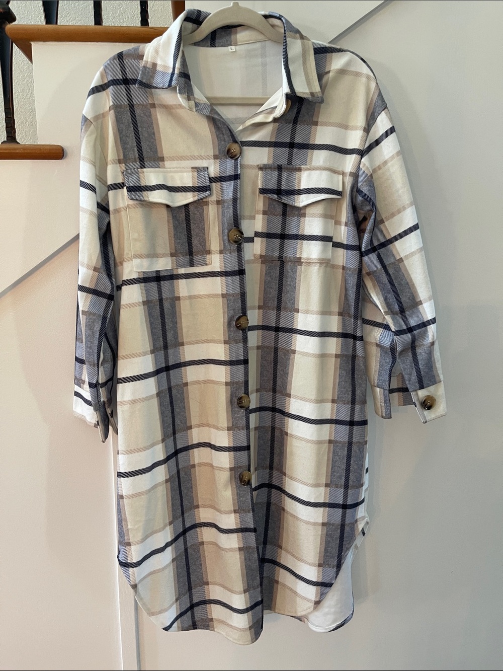 Long Plaid Shacket Coat in Cream & Gray - Picture 3 of 10